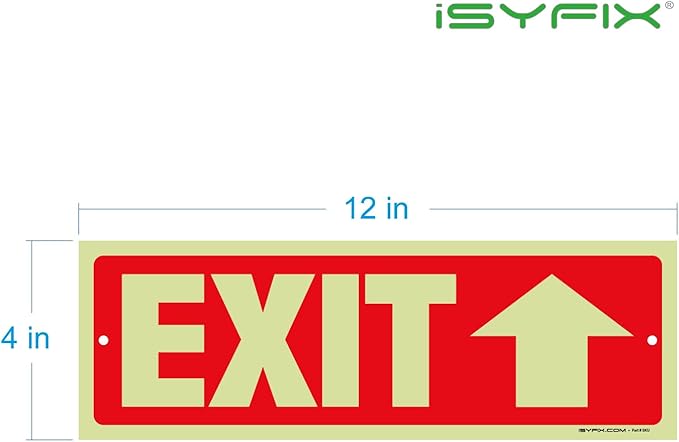 iSYFIX Exit Signs with Directional Up Arrow - 12 Pack 12x4 Inch Glow in the Dark for Business, School, Office, Warehouse - Durable 40 Mil Polystyrene, UV Laminated, Waterproof, Scratch & Fade Resistant