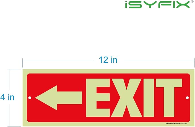 iSYFIX Exit Signs with Directional Left Arrow - 12 Pack 12x4 Inch Glow in the Dark for Business, School, Office, Warehouse - Durable 40 Mil Polystyrene, UV Laminated, Waterproof, Scratch & Fade Resistant