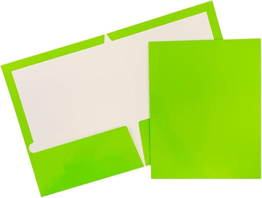 JAM PAPER Laminated Two Pocket Glossy School Folders - Letter Size - High Gloss Lime Green - Bulk 25/Pack