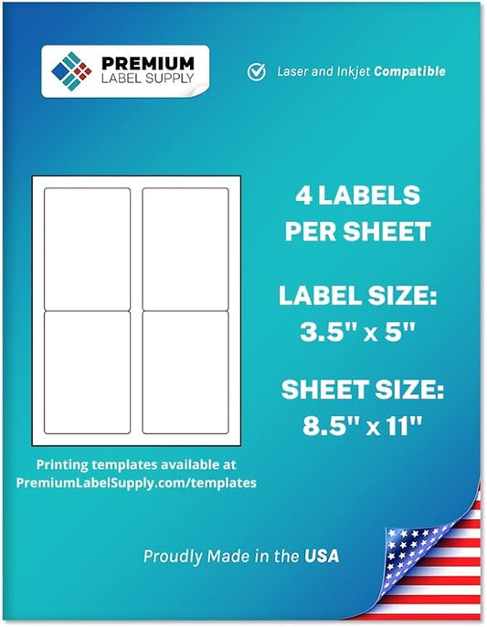 Premium Label Supply White Sticker Mailing/Shipping Labels – 3.5" x 5" – Laser/Inkjet Compatible – (4 per Sheet), 25 Sheets - 100 Total Adhesive Labels