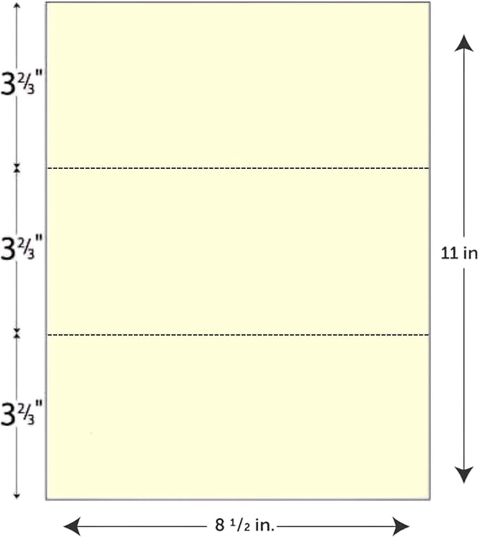 Limited Papers (TM) 8.5x11 Perforated Paper, 20/50 Pound, 75 GSM, Variety of Perforation Sizes and Colors, for Forms, Tickets, Postcards. (Canary, 3 up - horizontal 3 2/3" and 7 1/3" from bottom)