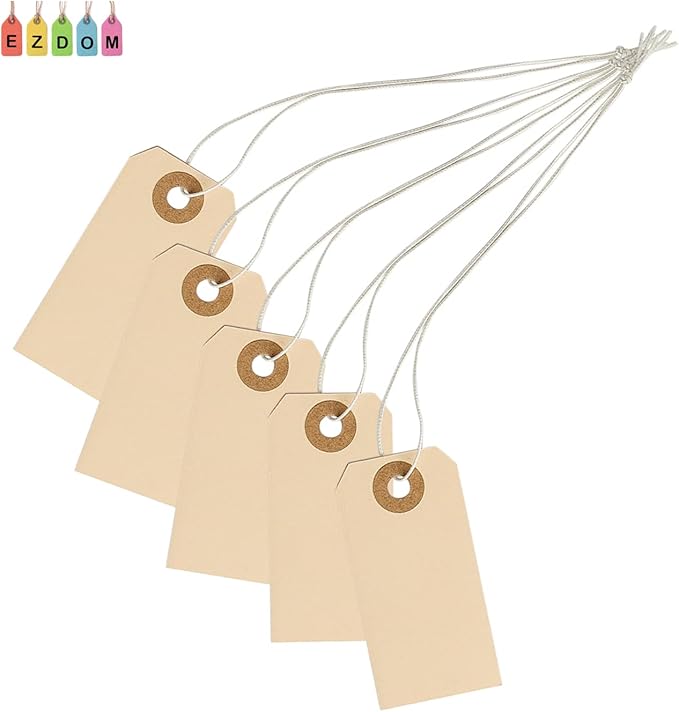 Manila Tags with Elastic Loop - 2 3/4' x 1 3/8', Box of 100 Paper Tags with Reinforced Hole, Labels with String Attached