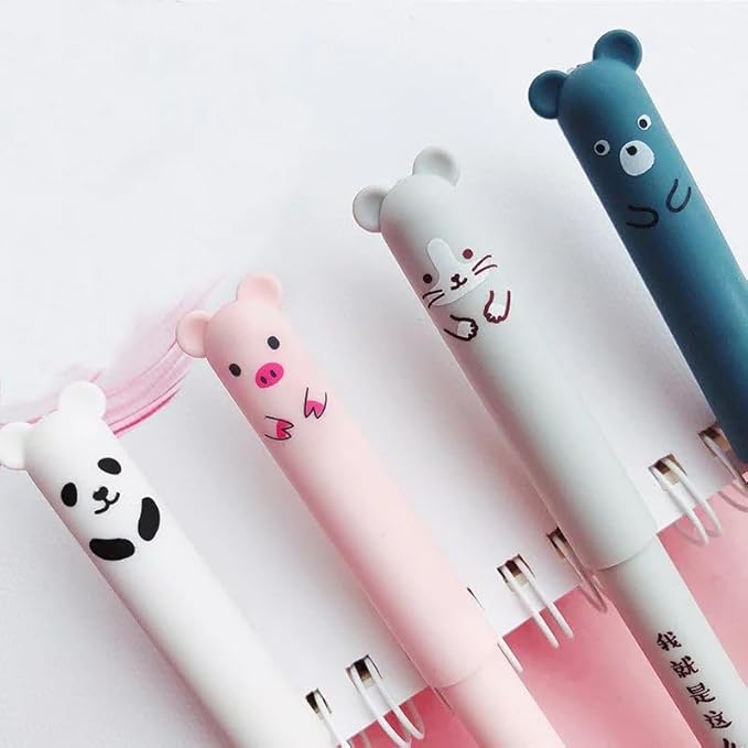 Piaogui 6pcs 0.5mm Erasable Gel Pens,Kawaii Cute Bear Pig Erasable Gel Pen Set Kawaii Pens Back to School Stationery Supplies for Writing Noting Journaling Kids Gifts (White-6 Pcs)