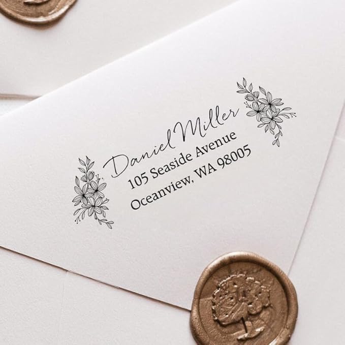 Custom Floral Address Stamp | Choose from 12 Designs | Multiple Ink Color Options | Envelope Return Address Stamp for Couple or Family (Design 9, Medium)