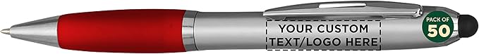 DISCOUNT PROMOS Custom Stylus Ballpoint Pens Set of 50, Personalized Bulk Pack - Black Ink, Great for Office, School, Business, Tradeshows, Events - Red