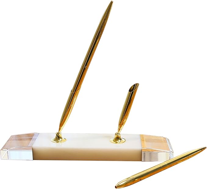 Stone-Style Pen Stand with Zinc Alloy Ballpoint Pen, Blue Refill – Office Pen Stand for Home & Office, The best choice for gift giving (Rectangular green 7.5inch)