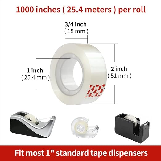 Turxayox 6 Rolls Transparent Tape Refills, Clear Tape, Hand Tearable, 3/4 x 1000 Inches, Glossy Gift Wrapping Tape for Dispenser, Office, School, Home