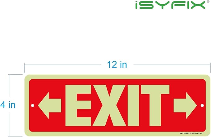 iSYFIX Exit Signs with Directional Right & Left Arrow, Glow in the Dark, Photoluminescent Aluminum 12x4 Inch - 12 Pack, Laminated for UV & Weather Resistance, Ideal for Offices, Schools, Theaters & More
