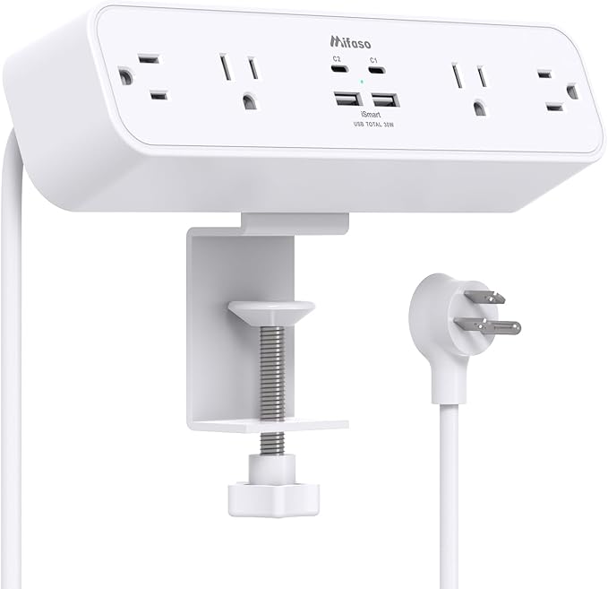 PD30W Desk Clamp Power Strip, Desktop Mount Surge Protector, Fast Charging Station, 5Ft Extension Cord Desk Edge Mount Shelf with 4 Outlets 4 USB Ports (2 USB C), Home Office Accessories Essentials