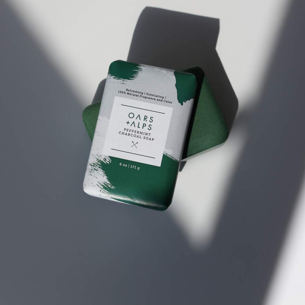 Oars + Alps Peppermint Charcoal Exfoliating Men's Bar Soap, Dermatologist Tested and Made with Clean Ingredients, Travel Size, 3 Pack, 6 Oz Each