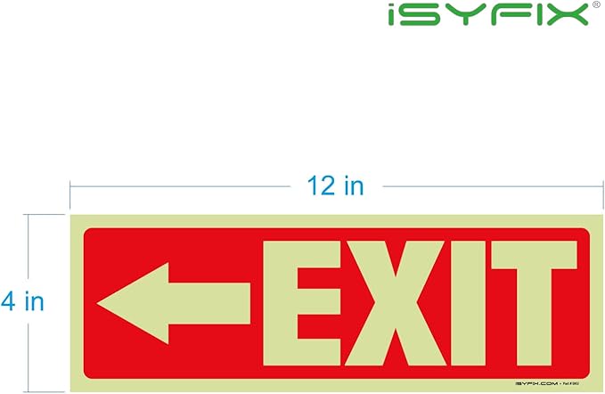 iSYFIX Exit Stickers Signs with Directional Left Arrow 12 Pack 12x4 Inch - Glow in the Dark Photoluminescent Vinyl for Office, School, Business, Warehouse - UV & Weather Resistant for Indoor/Outdoor Use