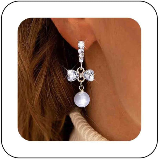 Vintage Crystal Pearl Dangle Earrings Rhinestone Bow Drop Earrings Cz Pearl Earrings Gold Pearl Bow Stud Earrings Jewelry for Women