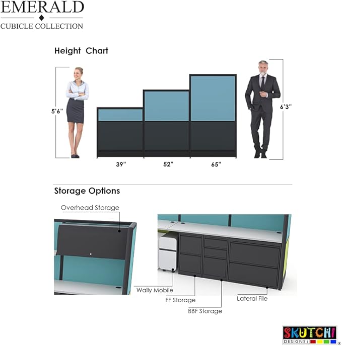 2 Person Workstation Wall Partition | Powered Cubicle Workstations | Privacy Office Divider 2 Work Stations | U Shape Cubicle | Emerald Collection | 5x5x65 H | Silver