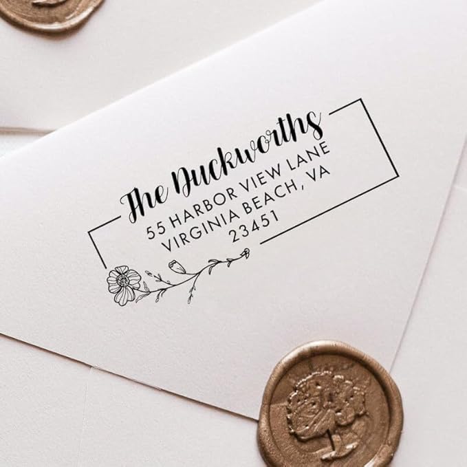 Custom Floral Address Stamp | Choose from 12 Designs | Multiple Ink Color Options | Envelope Return Address Stamp for Couple or Family (Design 8, Medium)