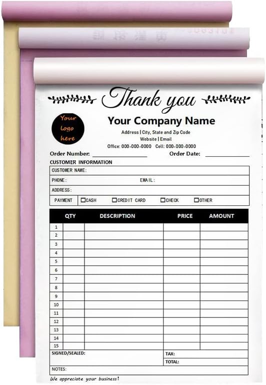 Personalized Invoice Book Custom 2 Part/3 Part Receipt Book Quote Estimate Order Forms Carbonless Form with Your Company Name Logo Address,2-10 Books (Style 13)
