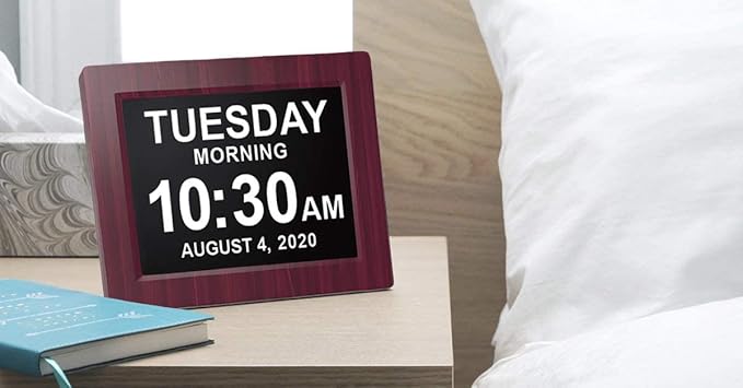 American Lifetime, New Version, Day Clock Extra Large Impaired Vision Digital Clock with Battery Backup and 5 Alarm Options, Premium Mahogany Color, 8 inch