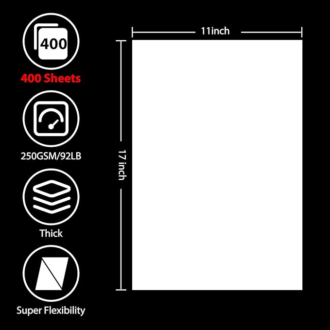 OcePor 400 Sheets White Cardstock 11” x 17”, 92lb/250gsm Card Stock, Thick Card Stock Paper, Heavy Cardstock Paper for Printer, Resume, Scrapbooks, Art, Crafts, Business Cards