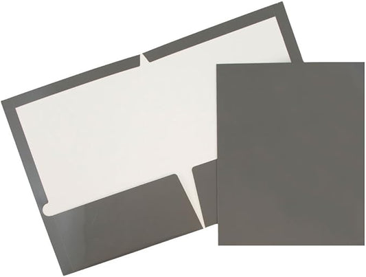 JAM PAPER Laminated Two Pocket Glossy School Folders - Letter Size - High Gloss Grey - Bulk 50/Box