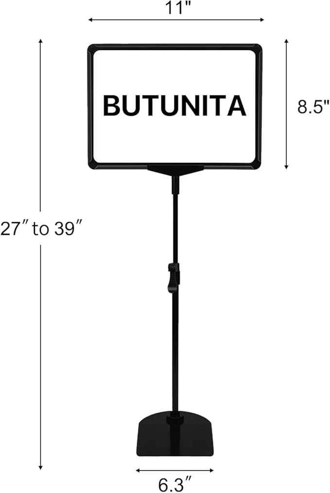 Sign Holder, BUTUNITA Adjustable Sign holder stand 8.5 x 11 Inch for Supermarket Floor Table, Tabletop Sign Holder Floor Stand, Small Table Sign Stand Holder, Vertical & Horizontal View Displayed, Sign Poster Stand (Black,12Pcs)