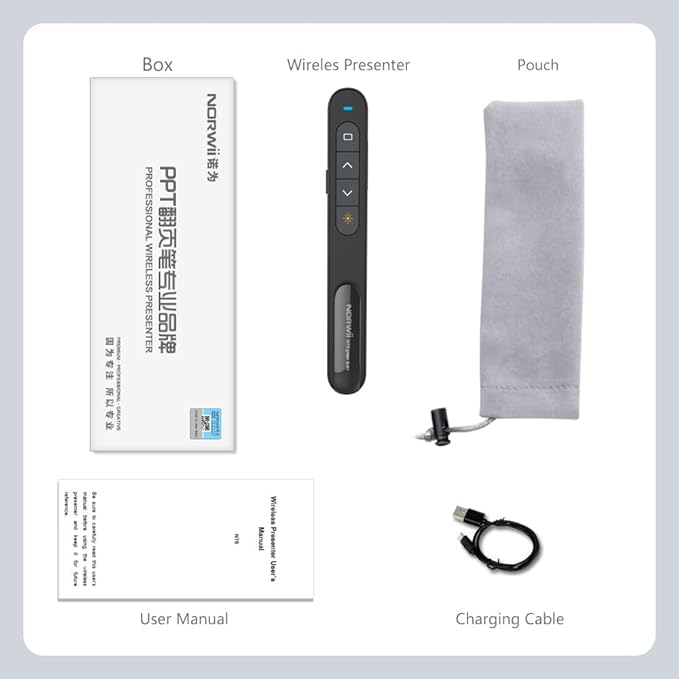 Norwii N76 Rechargeable Presentation clicker with Pointer, Long Range Presentation Remote, Wireless Presenter for PowerPoint Presentations, Slide Control (Black with Red Light)