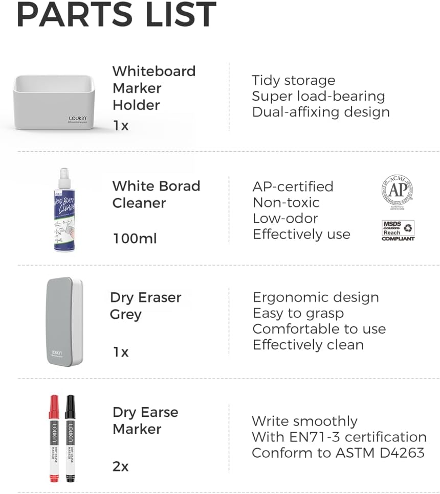 loukin Magnetic Marker Holder Set, Dry Erase Marker Holder, Dry Erase Accessory Tray Set (Includes 1 Eraser, 1 Cleaner, 2 Dry Erase Markers), Ideal for Office, School or Home Use(White)