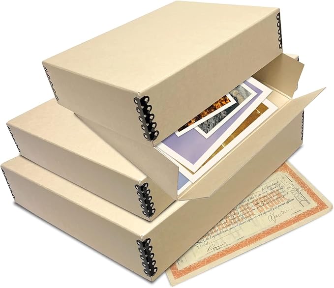 Lineco Museum Archival Storage Box, 9.25x11.75x3 in. Drop Front Design. Acid-Free with Metal Edge. Organize Photos, Pictures, Prints, Documents, Crafts, DIY. Tan, 1 Pack