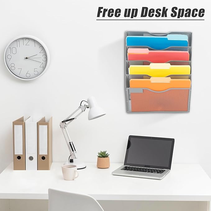 EASEPRES 5 Pocket Mesh Hanging Wall File Organizer, Wall Mounted Mail Paper Document Folder Holder, Clipboard Storage Organization Magazine Rack with Nametag Label for Office Home School, Gray