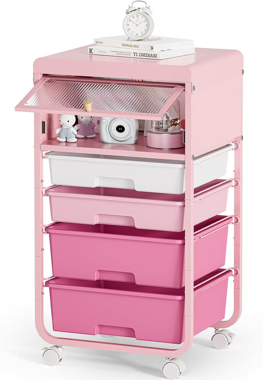Utility-Rolling-Storage-Drawer-Craft-Cart-Organizers with 4 Drawers & Dust-Proof Door for Kid Craft Art Room,Bedroom,Home Office, Classroom, Rose Pink