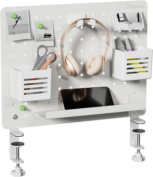 PEGZONE Clamp-on Desk Pegboard, Desk Organizer for Office Gaming Home, Magnetic Metal Peg Board with 10 Accessories, Privacy Panel for Office, 16.5" x 12.6", Medium, White