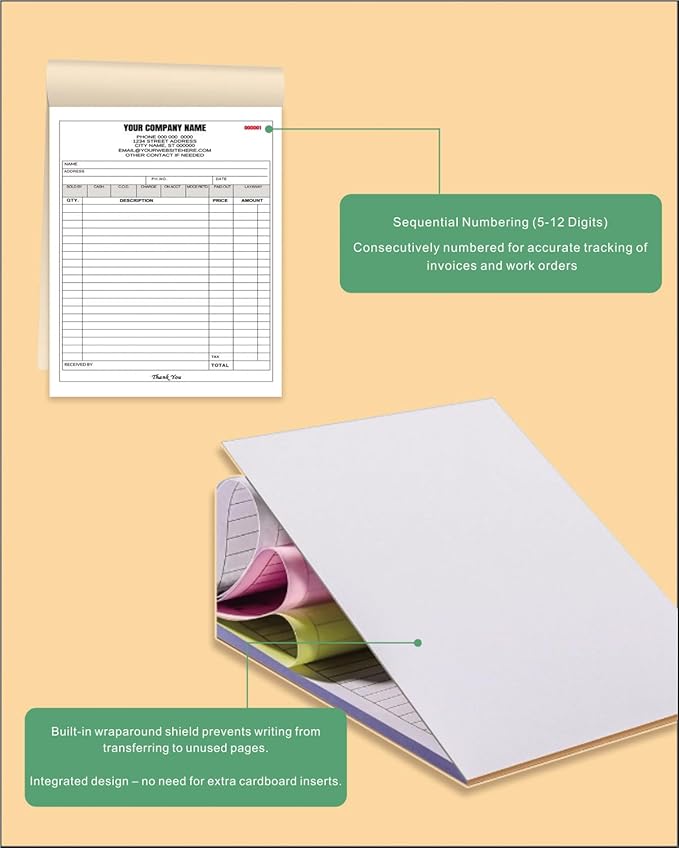 Custom Carbonless Invoice Book with Logo, Personalized Cover & Inner Pages, 2 Part NCR Receipt & Work Order Forms, Easy Tear, Writing Shield for Small Business (2-part [White/Yellow], 7.48 x 5.12INCH)