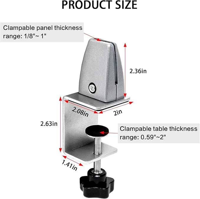 6-Pack Desk Shield Clamp for 2 to 20mm Thick Panel, Adjustable Desk Divider Clips, Aluminum Sneeze Guards, Desk Privacy Panel Clamps for Offices, Stores, Schools