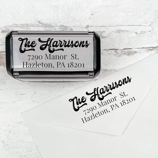 Self Inking Modern Address Stamps | Custom Return Address Stamper (Antique Script, Large)