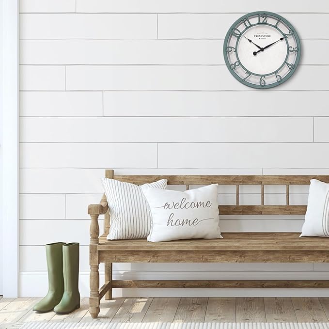 Presentime & Co 10" Farmhouse Series Wall Clock, Shiplap Style, Silent No Ticking, Raised 3D Arabic Numeral, Aged Teal Finish