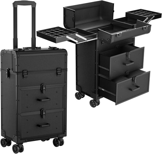 Large Rolling Makeup Train Case, Professional Travel Cosmetology Case on Wheels with Drawers, 3 Tiers Nail Organizers Storage Case for Nail Tech, Tattoo, Hairstylist, Makeup, Extra Large