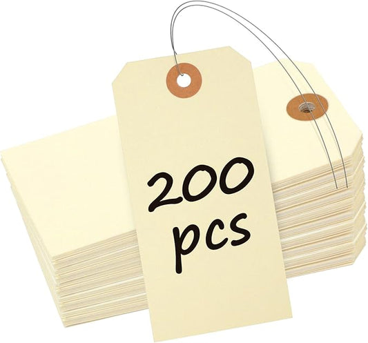 Uniclife 200 Pcs Manila Tags Blank Shipping Tags with Wire Attached 4.7 Inch Paper Hang Tag with Reinforced Eyelet Large Marking Writable Price Inventory Label Tag, 4.7" x 2 3/8"