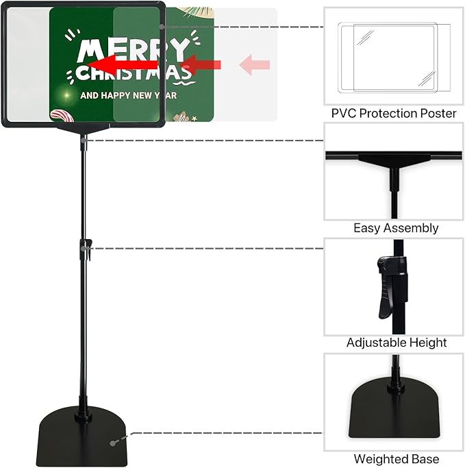 ONCEMORE Sign Holder, 8.5 x 11 Inch Sign Stand with Adjustable Height Snap Open, Reusable Sign Stands for Display Advertising Business Signage, Vertical and Horizontal Two View Modes (Black, 10 Pack)