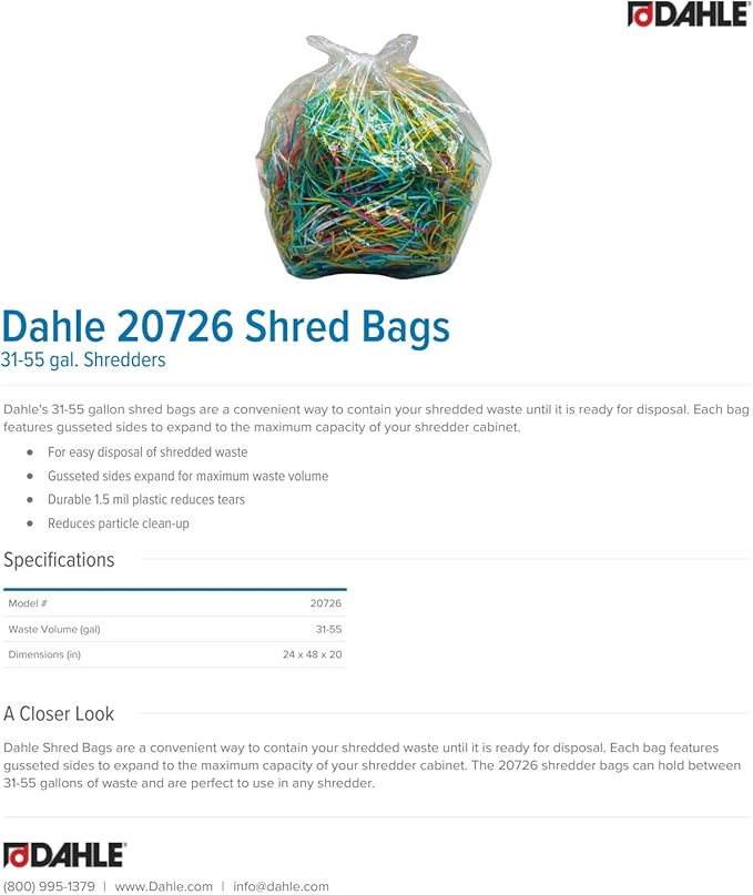 Dahle 20726 Shred Bags w/Gusseted Sides for Maximum Capacity, for Dahle 31-55 gal. Shredders (Pack of 100)