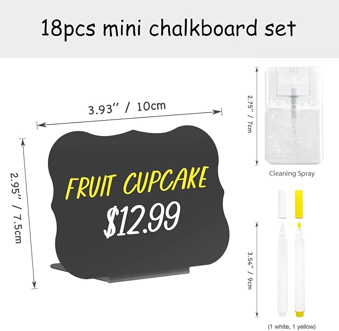 PigPotParty 18 Pcs Food Labels for Party Buffet w/Cleaning Spray, 4"x3" Mini Chalkboard Signs Include 2 Liquid Chalk Markers for Food Display - Food Tags- Table Palce Card (Waved Shape)