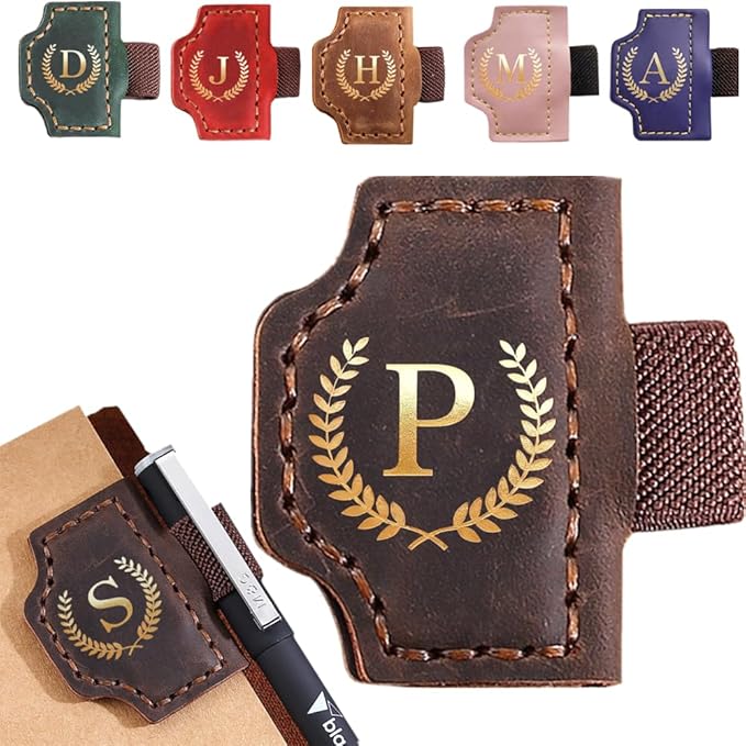 Personalized Mark Bookmark with Pen Holder, Leather Magnetic Book Marker 26 Letters,Custom Initials Page Marks, Gifts for Book Lovers Readers Men Women (Coffee, P)
