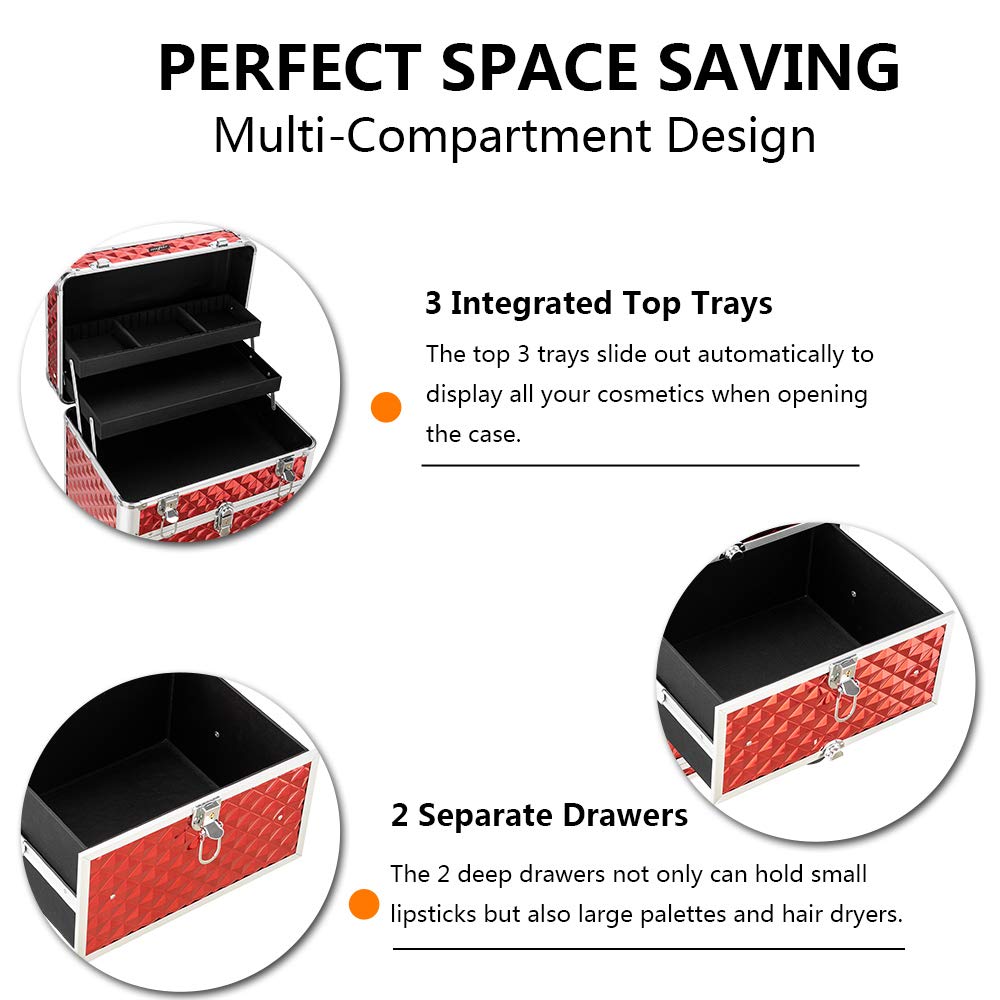 mefeir Aluminum Rolling Makeup Train Case, Portable Makeup Organizer Suitcase, Cosmetic Storage Box, Travel Beauty Luggage Trolley Lockable w/4 Removable Wheels & 2 Sliding Drawers (Red)