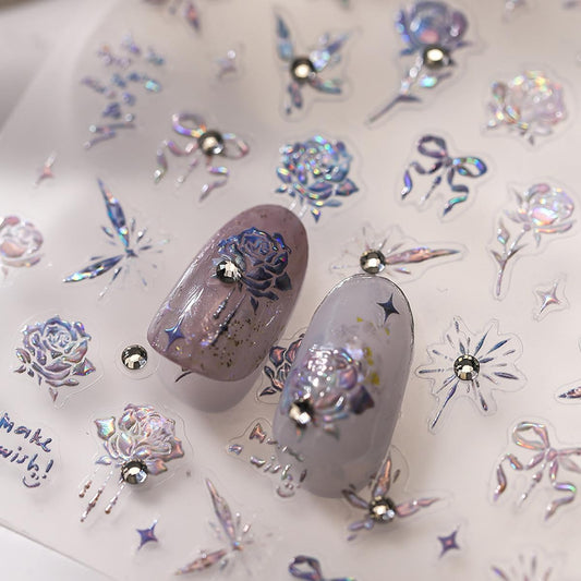 Rose Nail Stickers for Nail Art Holographic Flower Nail Decals with Rhinestone Spring Stickers for Nails Designs Self Adhesive Nail Art Supplies & Decorations for Women Girls 1 Sheet