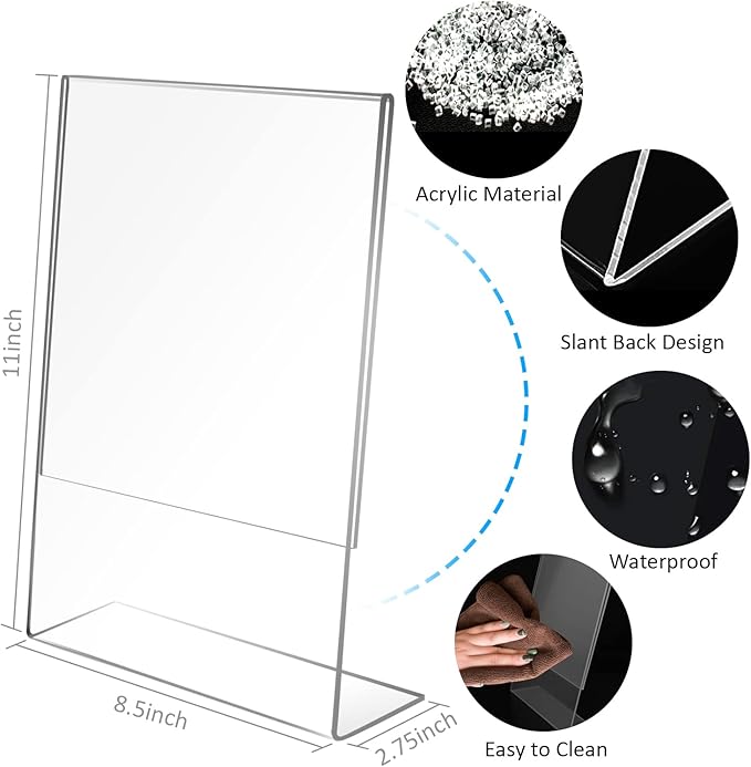 Ludery 8.5x11 Inches Acrylic Sign Slant Back Holder, Plastic Display Stand,Brochure Holder, Table Top Sign Holder For Office, Home, Store, Restaurant (3pack)