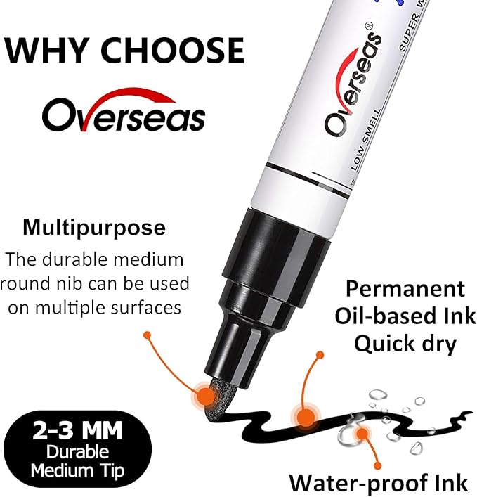 Overseas White Paint Marker Pens - 36 Pack Oil-Based Permanent Markers Set, Quick Drying, Waterproof, Medium Tip Paint Pens Bulk for Wood, Metal, Rock, Ceramic, Plastic, Canvas, Glass, Rubber