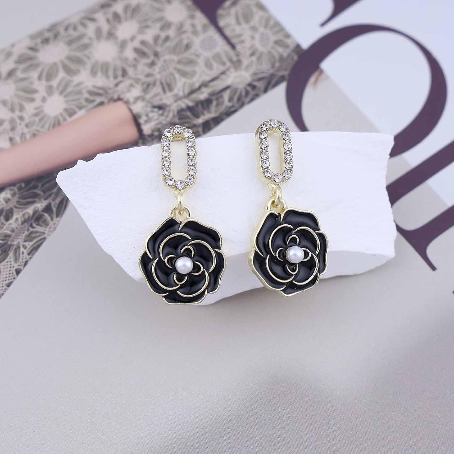 Vintage Black Crystal Flower Drop Earrings Black Flower Earrings Pearl Camellia Earrings Black Camellia Stud Earrings Jewelry for Women