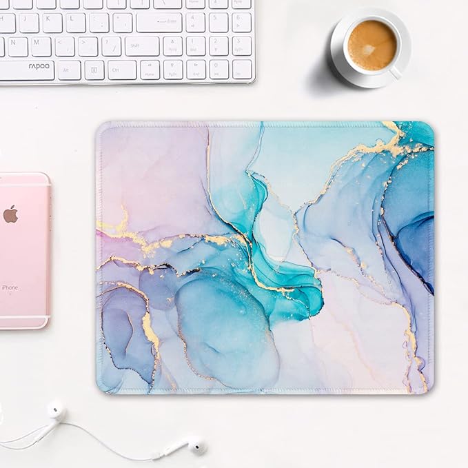 Auhoahsil Mouse Pad, 12 x 10 in Marble Art Theme Computer Mouse Pad for Desk, Premium-Textured Non-Slip Rubber Stitched Edges Waterproof Square Mouse Mat for Gaming Work Wireless Mice, Blue