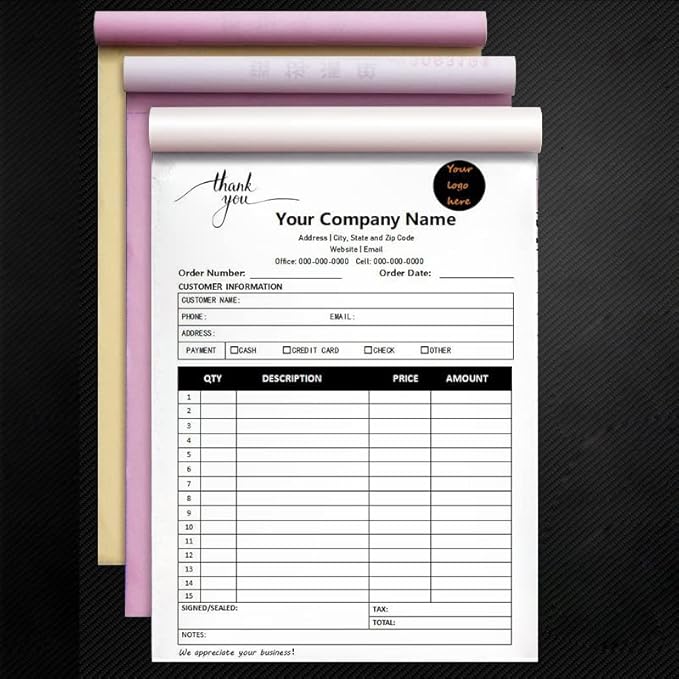 Custom Carbonless Sales Invoice Form Books for Small Business, Personalized NCR 2-Part Receipt Book with Carbon Copies, Cover Add Company Name, Address and Number Printed