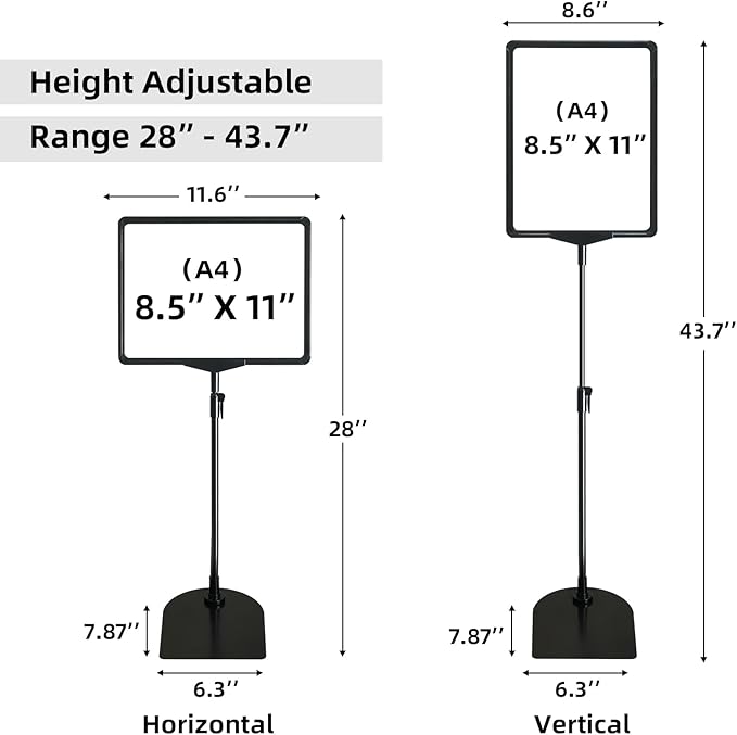 ONCEMORE Sign Holder, 8.5 x 11 Inch Sign Stand with Adjustable Height Snap Open, Reusable Sign Stands for Display Advertising Business Signage, Vertical and Horizontal Two View Modes (Black, 8 Pack)