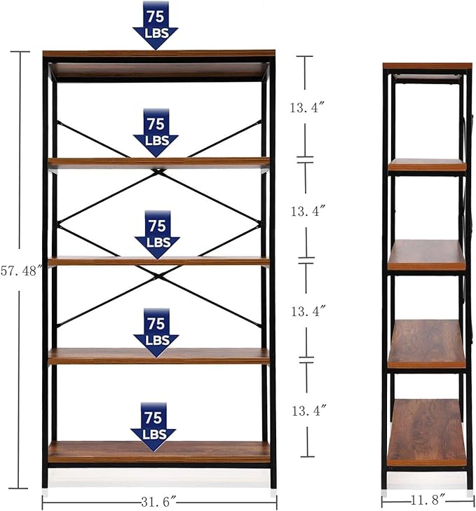Himimi Industrial Bookshelf 5-Tier, Bookcase 58" H Ladder Shelf, Storage Shelves Rack Shelf Unit, Accent Furniture Metal Frame, Home Office Furniture for Bathroom, Living Room, Vintage Brown
