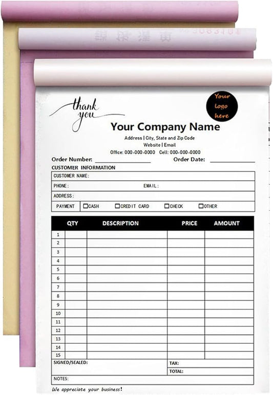 Custom Invoice Book in 3-Part /2-Part Receipt Book with Carbon Copies Personalized Carbonless Service Invoice Form Books Sales Order Book with Company Name Logo Address,C1-Thank You Receipt