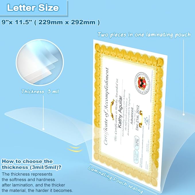 Laminating Sheets, 100 PCS 3 Mil Laminating Pouches 9 x 11.5 Thermal Laminate Sheets Holds 8.5 x 11 Inch Sheets, Universal Lamination Paper for Laminator, Photos, Files, Round Corner Letter Size
